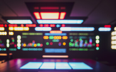 Poster - Blurred interior with illuminated panels displays and colorful lights in a futuristic setting.futuristic photos with premium quality for poster and banner backgrounds