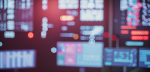 Poster - Blurred view of multiple computer screens displaying data in a dark setting.futuristic photos with premium quality for poster and banner backgrounds