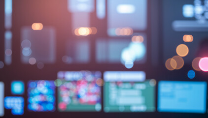 Poster - Blurred computer screen showing video editing software interface with multiple windows.futuristic photos with premium quality for poster and banner backgrounds