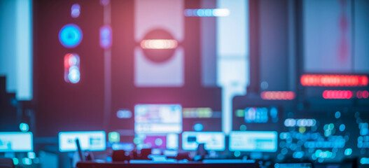 Poster - Multiple computer screens and monitors displaying data in a dimly lit room.futuristic photos with premium quality for poster and banner backgrounds