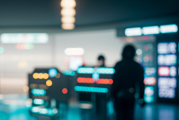 Poster - Blurred interior scene with figures and screens in a modern setting.futuristic photos with premium quality for poster and banner backgrounds