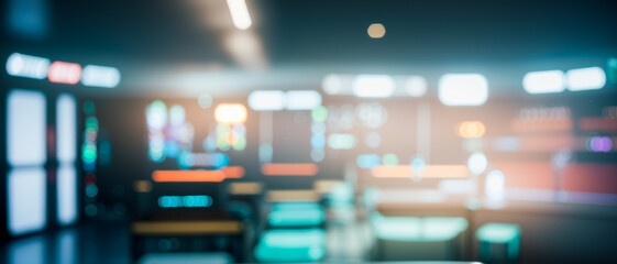 Poster - Blurred interior with tables benches and lighting in a modern futuristic style.futuristic photos with premium quality for poster and banner backgrounds