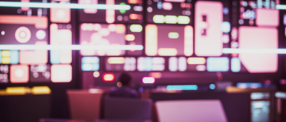 Poster - Person sits before many screens in a dark room with pink lighting.futuristic photos with premium quality for poster and banner backgrounds