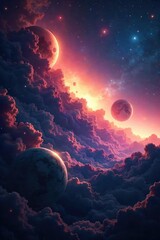 Wall Mural - Vast, swirling nebulae paint a breathtaking panorama across a dense field of planets, their surfaces shimmering with light and color, a cosmic tapestry of celestial bodies , stars, majestic