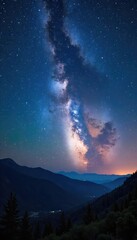 Wall Mural - Vast, star-studded midnight sky blankets the landscape, a breathtaking panorama of celestial wonders  Perfect for astronomy, space travel, or nighttime serenity themes ,  tranquil,  texture