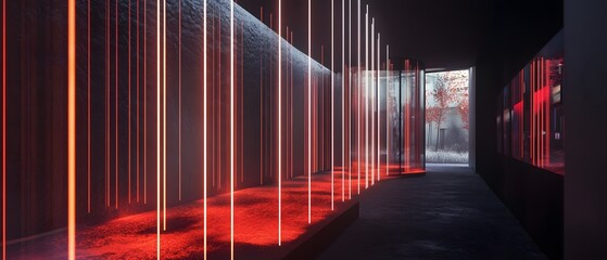 Poster - A modern interior space with vibrant red lighting and illuminated vertical lines creates an intriguing atmosphere, perfect for showcasing contemporary design and innovative archite