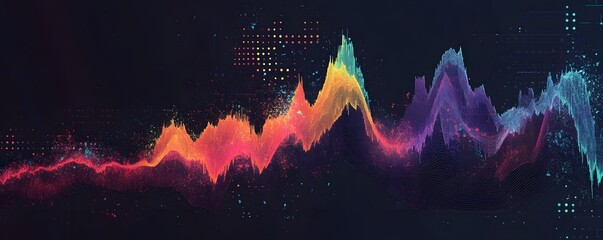 Poster - A vibrant abstract wave of colorful digital sound waves, representing music and audio frequencies. The dynamic visualization captures energy and movement through rich hues.