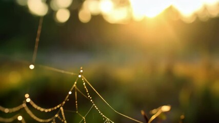 Close up of dew drops glistening on intricate spider web at dawn in rural countryside catching warm early morning sunlight.