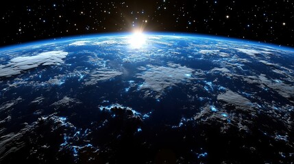 Wall Mural - A blue and black planet with a sun in the middle. The sun is shining on the planet and the stars are visible in the background