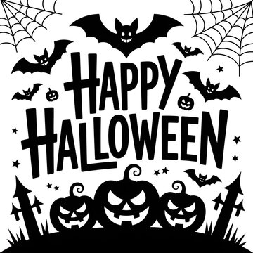 Happy Halloween graphic design with bats and pumpkins on a white background