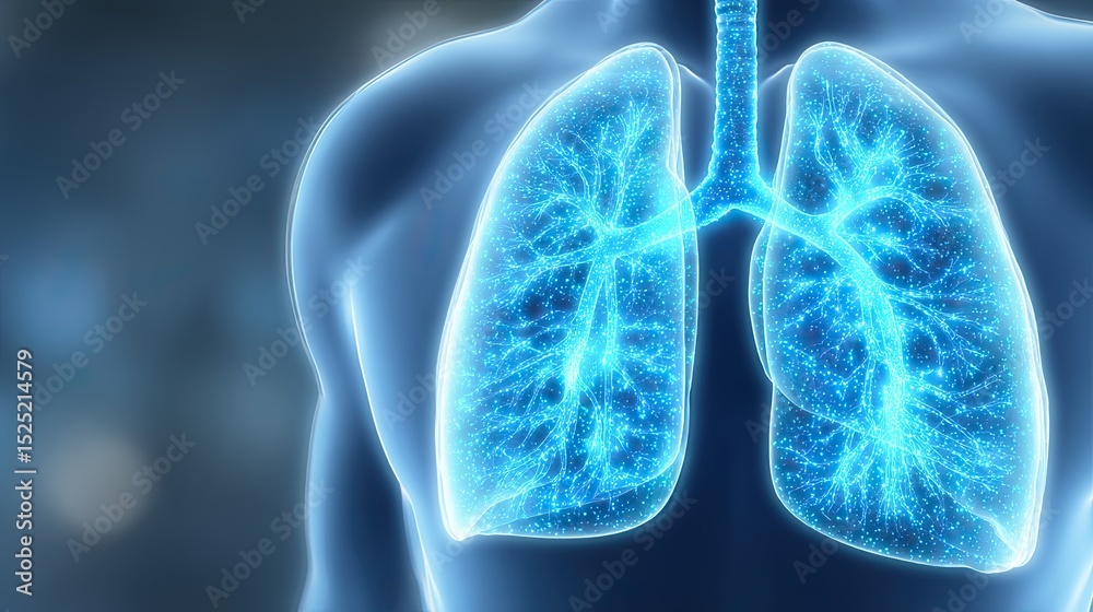 Glowing illustration of human lungs with a network of arteries and ...