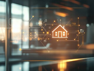 Futuristic smart home tech interface with glowing digital icons over a modern living room interior background.