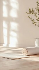 Poster - Rolled mat sits on wooden floor in room with plant. Sunlight shines from window on plain wall in simple space.