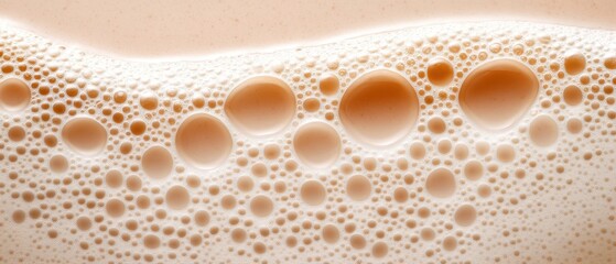 Poster - Beige liquid surface covered in bubbles. Close view of beverage foam. Many spheres of varying sizes. Texture of light fluid background.