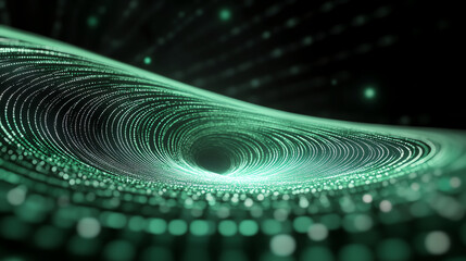 Poster - A captivating abstract visualization of swirling green digital waves, evoking a sense of motion and innovation in technology.