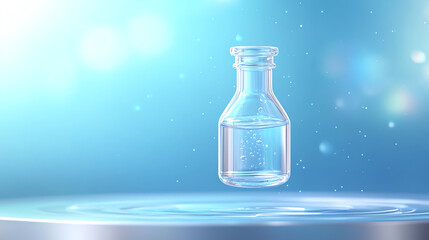 Poster - A clear glass bottle filled with water, highlighted against a soft blue background, creating an ethereal and fresh atmosphere.