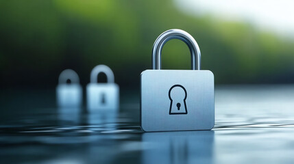 Poster - A close-up of silver padlocks floating on water, symbolizing security and protection in a digital age.