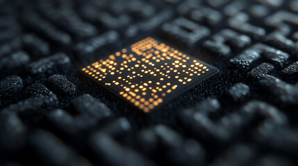 Aufkleber - A close-up view of a microchip on a dark textured surface, showcasing intricate designs and glowing elements in a modern tech environment.