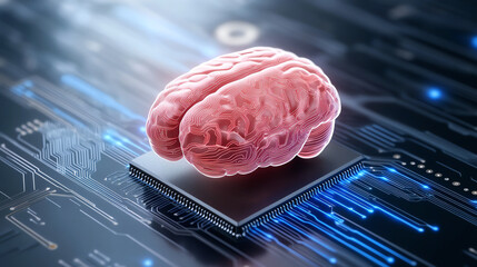 Aufkleber - A digital illustration of a brain on a microchip, symbolizing artificial intelligence and cognitive computing.