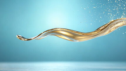 Poster - A fluid gold liquid gracefully swirls against a soft blue background, creating a sense of elegance and motion.