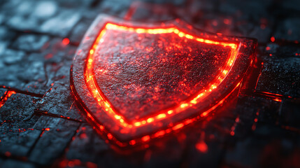 Poster - A glowing red shield symbolizes protection and security in a digital world, set against a textured dark background.