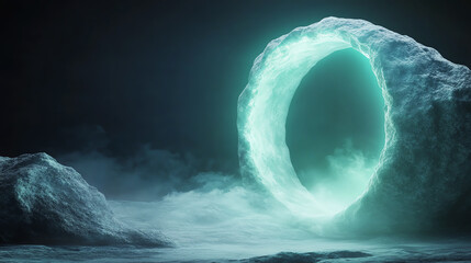 Poster - A mysterious glowing portal emerges from a foggy landscape, inviting exploration and discovery in a surreal environment.