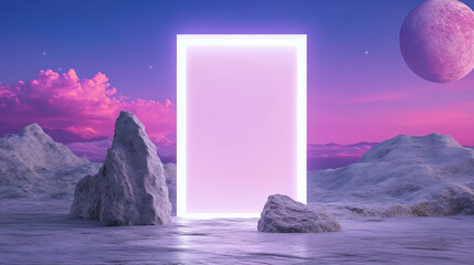 Aufkleber - A mystical landscape featuring a glowing portal surrounded by surreal rocks under a colorful sky, evoking a sense of wonder.
