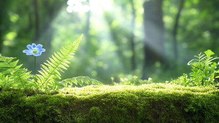 Poster - A serene forest scene with lush green ferns and a delicate blue flower under soft, dappled sunlight filtering through trees.