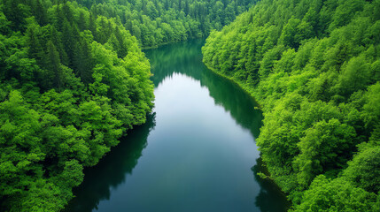 Poster - A serene river flowing through lush green forests, reflecting nature's beauty in calm waters under bright sunlight.
