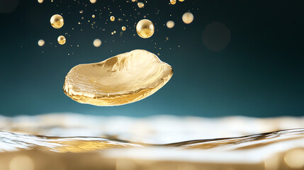 Aufkleber - A stunning close-up of a golden droplet of oil splashing in water, capturing the beauty of liquids in motion.