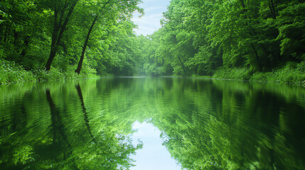 Aufkleber - A tranquil river surrounded by lush green trees, reflecting nature's beauty and serenity in a peaceful landscape.