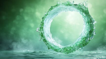 Aufkleber - A vibrant green water splash forms a circular shape against a soft dreamy background, representing purity and nature's beauty.