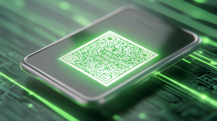 Aufkleber - Futuristic smartphone displaying a glowing QR code amidst digital patterns, symbolizing connectivity and innovation.