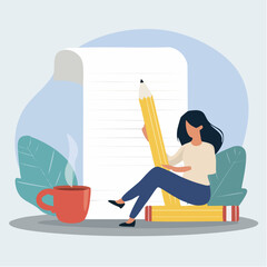 Poster - Illustration of a person writing with a giant pencil on a large notepad