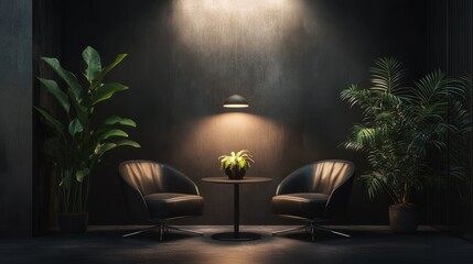 Poster - Atmospheric modern workspace in dark palette with plants, diffused lighting, and a small podcast table flanked by two elegant chairs
