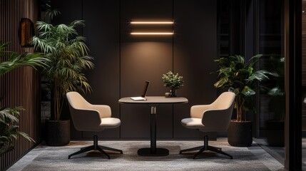Poster - Atmospheric modern workspace in dark palette with plants, diffused lighting, and a small podcast table flanked by two elegant chairs