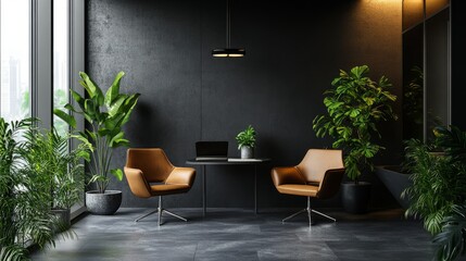 Poster - Atmospheric modern workspace in dark palette with plants, diffused lighting, and a small podcast table flanked by two elegant chairs