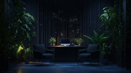 Poster - Atmospheric modern workspace in dark palette with plants, diffused lighting, and a small podcast table flanked by two elegant chairs