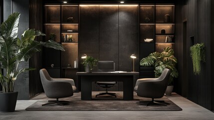 Poster - Atmospheric modern workspace in dark palette with plants, diffused lighting, and a small podcast table flanked by two elegant chairs