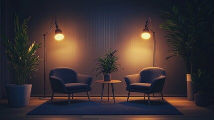 Poster - Dark modern office interior with a sleek interview setup, two chairs, a small table, glowing ambient lamps, indoor plants, and microphones ready for recording
