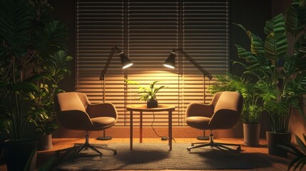Poster - Dimly lit office studio with cozy lighting, modern chairs, a small table, vibrant indoor greenery, and two mics ready for a podcast