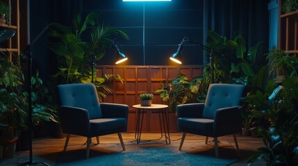Poster - Dimly lit office studio with cozy lighting, modern chairs, a small table, vibrant indoor greenery, and two mics ready for a podcast