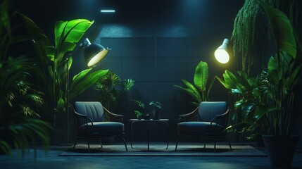 Poster - Elegant dark-toned office studio with atmospheric lighting, leafy plants, and an interview setup with two chairs, a table, and microphones