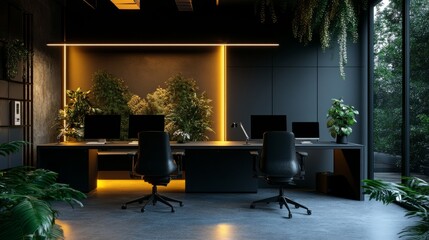 Poster - Futuristic office setup with black decor, glowing accent lights, green plants, and a professional podcast layout with chairs and table mics