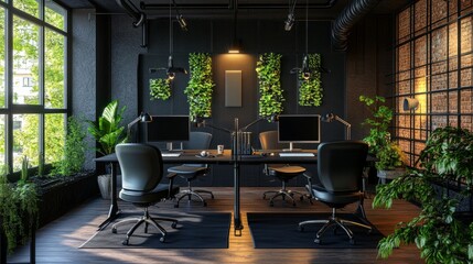 Poster - Futuristic office setup with black decor, glowing accent lights, green plants, and a professional podcast layout with chairs and table mics