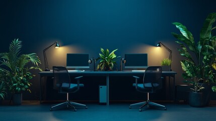 Fototapete - Minimalist dark office with glowing corner lamps, workstation plants, a podcast setup with two chairs and a central table with microphones