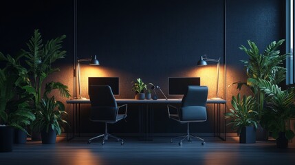 Fototapete - Minimalist dark office with glowing corner lamps, workstation plants, a podcast setup with two chairs and a central table with microphones