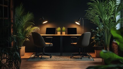 Poster - Moody studio-style office with black walls, warm lamp lighting, lush green plants, and a podcast setup featuring two chairs and table mics