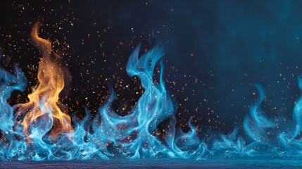 Aufkleber - Dynamic abstract background with glowing blue flames and flying sparks, vibrant light effect illustration for energy, fire, motion, heat, fantasy, and futuristic visual design concepts
