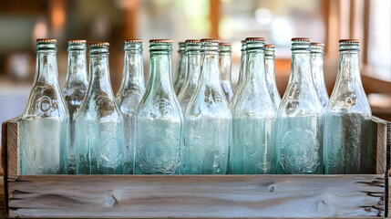 nostalgic display of vintage soda bottles in weathered wooden crate evokes bygone era